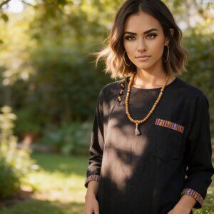 Cotton Bhutani Trim Long-Sleeve Round Neck Tunic - Solid Color (Black)